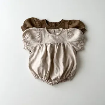 Летние Новые Детские Боди из однотонного льна, цельная одежда Для Новорожденных с пышными рукавами