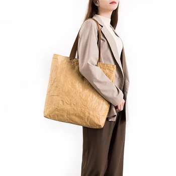 Женская сумка-тоут из крафт-бумаги большой емкости, повседневная большая сумка для покупок с верхней ручкой, Водонепроницаемые женские сумки на плечо, Брендовый кошелек