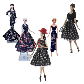 1: 6 Классическое черное платье в горошек с цветочным рисунком в горошек, Одежда для кукол Барби, Комплект одежды, Вечернее платье 11,5 