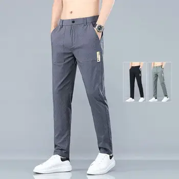 Мужские летние повседневные брюки из тонкого шелка Темного цвета с принтом в корейском стиле, дышащие брюки с эластичной резинкой на талии, мужские